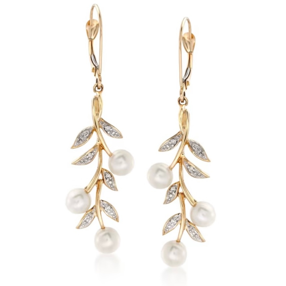 Pearl and Diamond Accent Leaf Drop Earrings in 14kt Gold